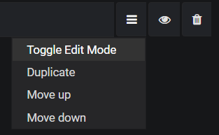 screenshot of the options menu next to the Grafana query box. "Toggle Edit Mode" is highlighted.