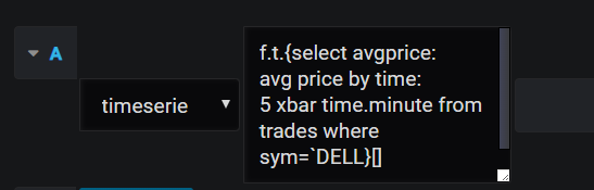 Screenshot showing expanding query box after toggling edit mode. The query shows an anonymous function selecting average price of DELL trades in 5 minute buckets.